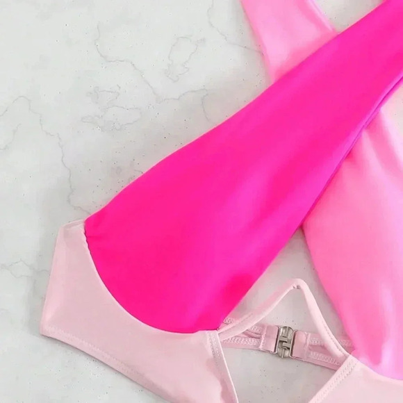 Pink Sexy Women's Beach Colorblock Cut-Out Halter One Piece Swimsuit - Picture 5 of 7